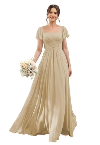 YOFF Short Sleeves Chiffon Bridesmaid Dresses Long with Slit Square Neck A-Line Formal Party Dresses with Pockets YO240