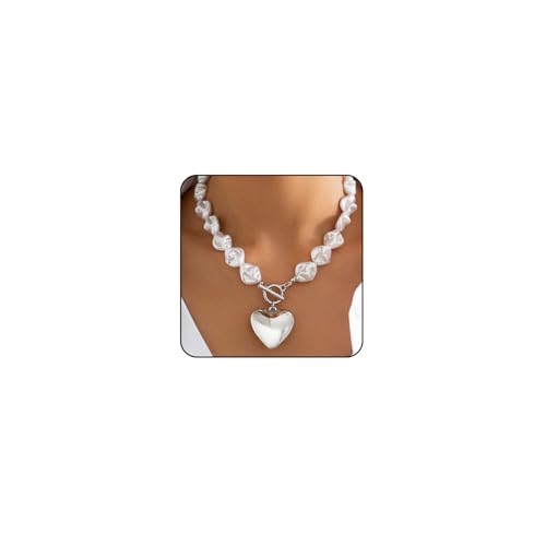 Gold Chunky Necklace for Women Trendy Baroque Pearl Statement Necklaces Big Heart Pendant OT Toggle Necklace Layered Silver Heart Chunky Jewelry