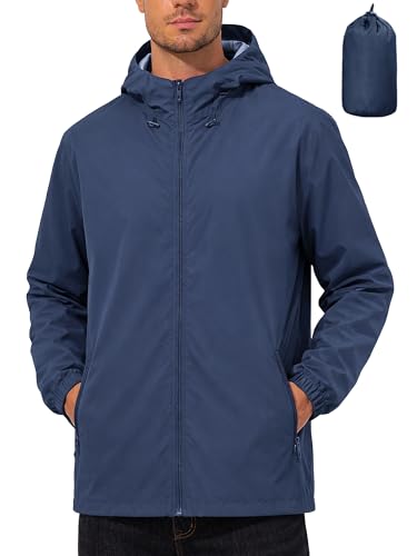 UIQUR Mens Rain Jacket Lightweight Windbreaker Waterproof Raincoat Cycling Running Hiking Gear Hood Packable Navy Blue L