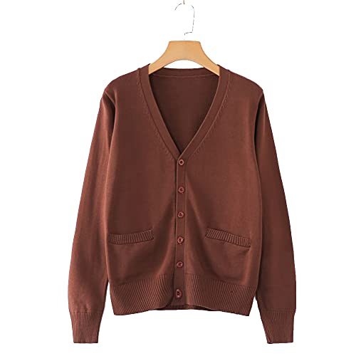 Image of Blostirno Women's Cardigan School Uniform Sweater Cardigans V-Neck Long Sleeve Button Down Knit with Pockets