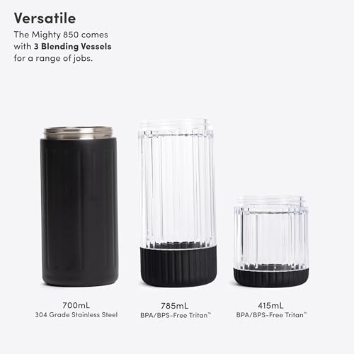Image of Beast Mighty 850 Stainless Steel | Compact Personal Blender | Extra Vessels | Keeps Blends Cold | Smoothies, Shakes, Sauces, Dips | Portable Straw Caps and Lids | 850W (Carbon Black)