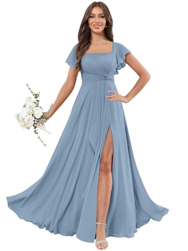 OFEECHUN Women's Flutter Sleeve Bridesmaid Dresses with Slit Square Neck Chiffon Long Evening Formal Gown