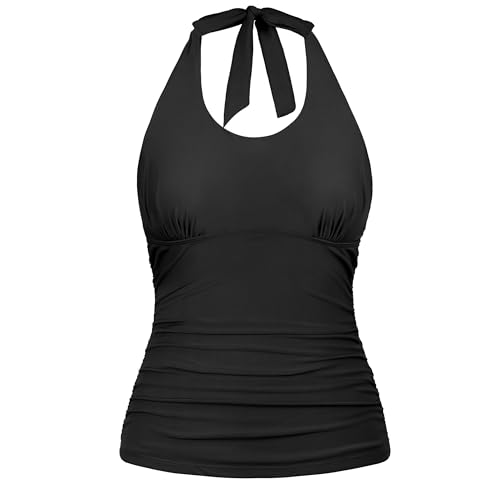 Firpearl Underwire Tankini Tops for Women Ruched Tummy Control Swimsuit Tops Modest Halter Bathing Suit Top Only