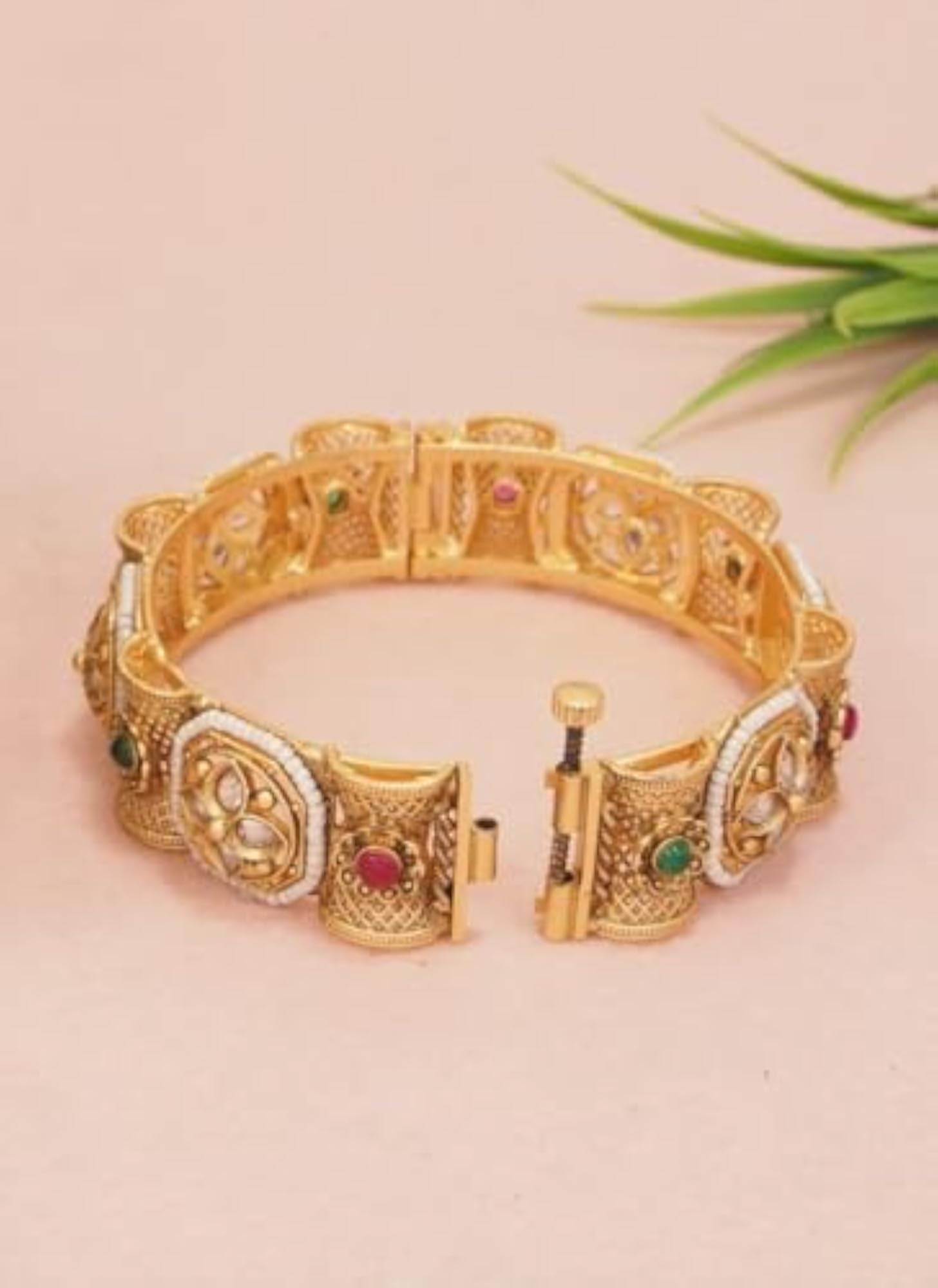Traditional Antique Gold-Plated Kundan and Pearl Bangles