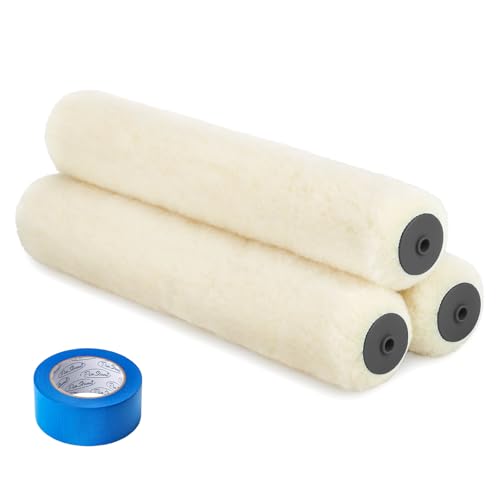 PinStone 18 Inch Lambswool Paint Roller Covers, 3pcs 3/4" Nap Lambs'wool Rollers with A Pro Painters Tape, 18" High Capacity Lambs Wool Cover Refills for Textured Rough Surfaces, All Paints & Stains
