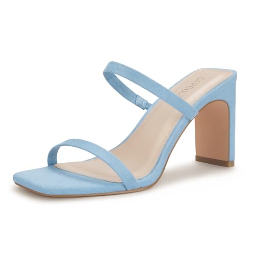 Image of Carcuume Women's Square Toe Two Strap Open Toe Block Heels Sandals Slip On Shoes