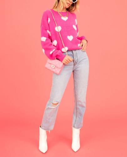 Image of Women's Cute Heart Sweater Love Print Valentine Romantic Knitted Top Casual Crewneck Long Sleeve Sweaters Pullover