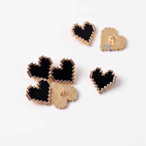 Image of Pack of 6 Heart Shaped Stylish Buttons Diameter 16 mm,(26 L) Black Color with Golden Edges for Sewing On Shirts Blazers for Women and Art and Craft