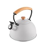Tetera FLORINA (2,3 l) | Acero Inoxidable NATURA | Tetera Flauta con Mango de Madera | Silbato Automático | Inducción, Estufa de Gas y Estufa Eléctrica | Color: Gris