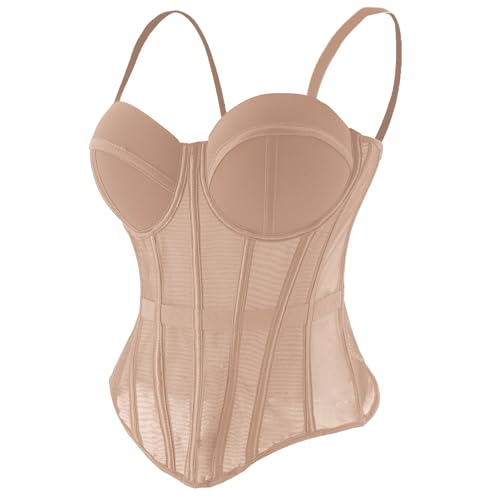 ELLACCI Womens Mesh Corset Bustier Top Elastic Waistband Lingerie Top with Removable Straps Khaki Medium