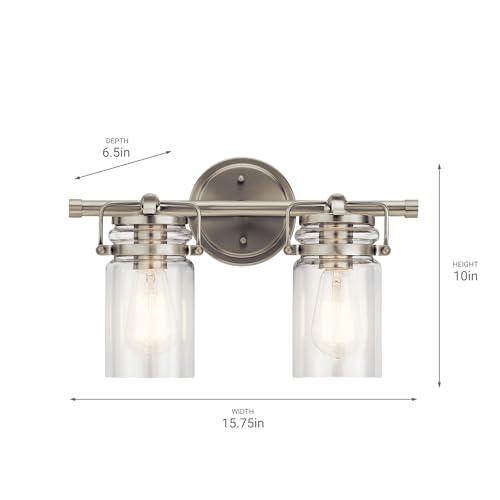 Image of Kichler Brinley 15.75 inch Vanity Light in Brushed Nickel, 2-Light Farmhouse Bathroom Vanity Light with Clear Glass, (15.75 inch W x 10 inch H), 45688NI