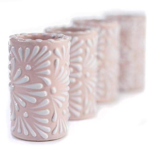 Image of Talavera Shot Glasses Set of 4 Authentic Mexican Tequila Shot Glasses - Hand-painted - 2 Oz (White Brushstroke Pink Background)
