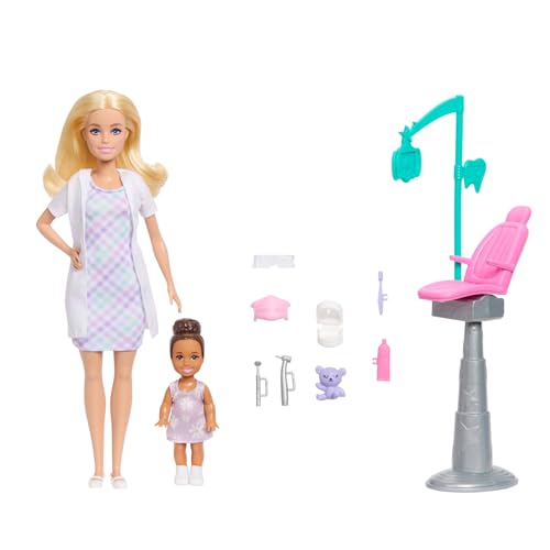 Barbie Profesiones Conjunto de muñeca Dentista con Pelo Rubio y Vestida con una Bata Blanca, muñeca niña pequeña, Silla de Dentista y Accesorios, JMK14