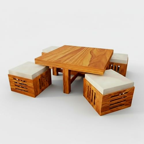 Image of Modern Solid Wood Coffee Table with 4 Cushioned Stools | Space-Saving Center Table Set for Living Room | Multipurpose Tea Table Furniture for Home, Lounge & Apartment Decor | Natural Wood Finish