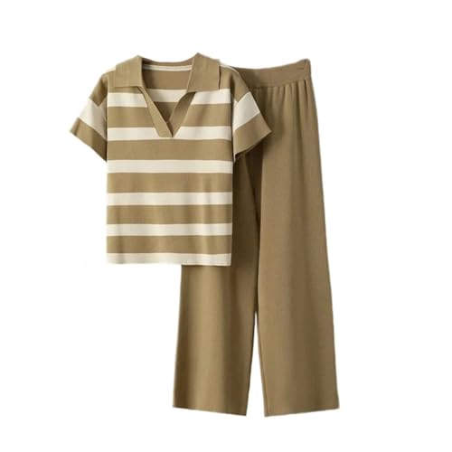 Women's Two Piece Set V-Neck Short Sleeve Striped Knitted Top