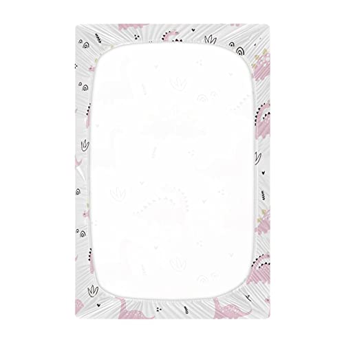Image of Fitted Crib Sheets Baby Pink Dinosaurs Stretchy Portable Playard Sheets for Baby Toddler, Breathable Soft Mini Crib Mattress 52 x 28 in for Boys and Girls