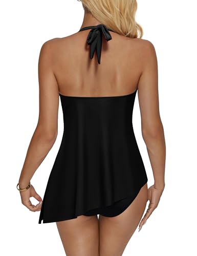 RXRXCOCO Mesh Halter Tankini Swimsuits for Women Tummy Control Swimsuit Asymmetrical Flowy High Waisted Bathing Suits4