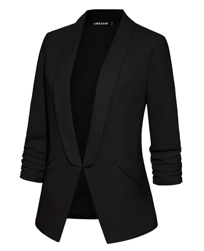 MINTLIMIT Women 3/4 Ruched Sleeve Shawl Lapel Blazer Open Front Casual Work Office Blazers Lightweight Jacket with Pockets2
