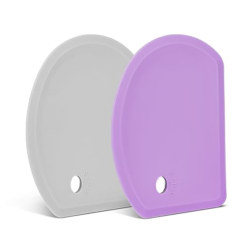Silicone Dough Scraper with Stainless Steel Sheet, Curved Edge Flexible Bowl Scraper for Baking, Food Grade Silicone Bench Scraper for Sourdough Bread Proofing Basket, Set of 2, Gray & Purple, SAPID