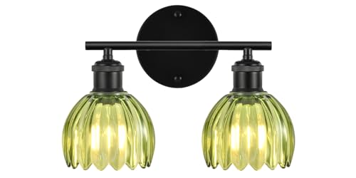 Image of Bathroom Light Fixtures, 2-Light Black Vanity Lights for Bathroom with Green Tulip Glass Shade, 12 inch Vintage Bathroom Vanity Lighting Fixtures Over Mirror for Bedroom Living Room Hallway