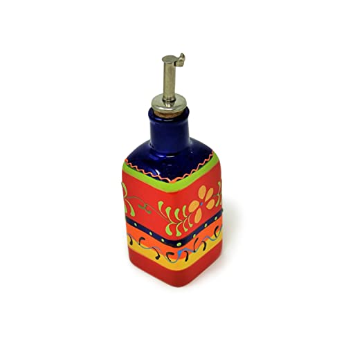 Image of Verano Spanish Ceramics Classic Spanish Hand Painted Decorative Squared Oil Drizzler - Home Décor Restaurant Café Kitchen Dining Tabletop Vinegar Server with Cork & Chrome Pourer - 300ml Daisy Chains