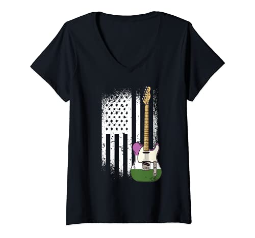 Womens American Flag Guitar Gender-queer Pride LGBTQ Ally Guitarist V-Neck T-Shirt, Black