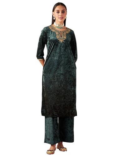 Image of Women's Velvet Floral Embroidered Straight Kurta | Round Neck Three-Quarter Sleeve Calf Length Kurti with Thread Work