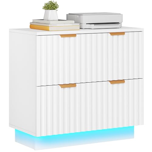 YITAHOME 2 Drawer File Cabinet with Led Light, Modern Filing Cabinet, Large Lateral File Cabinet for Home Office, White