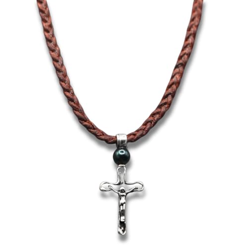 Crucifix Pendant Leather Cord Necklace for Men - 925 Sterling Silver Necklace Pendant with Premium Black Pearl, Adjustable Leather Cord - Handmade Necklaces - Jewelry Gifts by Royale Merchant