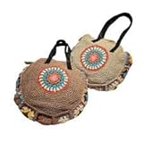 Bolsa Artesanal em Crochê, Redonda, 41cm x 41cm x 12cm, Marrom com Detalhes Coloridos