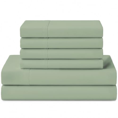 Image of Linen Home 100% Cotton Percale Sheets King Size, Sage, Deep Pocket, 6 Pieces Set- 1 Flat, 1 Fitted and 4 Pillowcases, Crisp Cool and Long Staple Strong Bed Linen