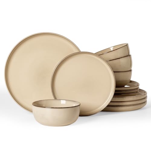 Image of Famiware Milkyway Stoneware Dinnerware Set, 12-Piece, Double Reactive Glaze, Plates and Bowls, Service for 4, Microwave and Dishwasher Safe, Scratch-Resistant, Milk Tea
