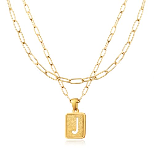 LETFLY Initial Gold Necklaces for Women, 18K Gold Plated Letter Layering Necklace Square Shaped...