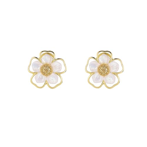 Clip On Flower Shell Pearl Fake Stud Earrings for Women No Piercings Ear Fashion Elegant Gold Plated White Floral Statement Huggie Studs Wedding Valentines Day Jewelry Gifts for Her Birthday Hypoallergenic 15mm