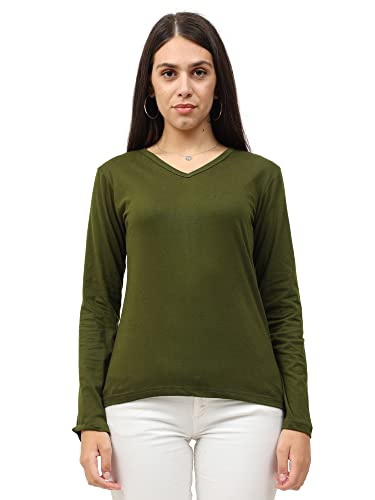 Image of FLEXIMAA Women's Cotton Plain V Neck Full Sleeve T-Shirt