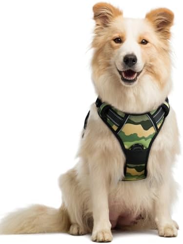 rabbitgoo Hundegeschirr Mittelgroße Hunde Anti Zug, M, Camouflage Grün | No Pull & Individuell Anpassbar, Atmungsaktiv Gepolstert, 2 D-Ringe, Schnellverschlüsse, Reflektierend für
