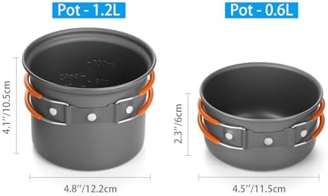 Odoland Camping Cookware 6-Piece Cooker Set, 2 x Lightweight Aluminum Pot, Stove, Cleaning Cloth, Storage Bag, For Mountain Climbing, Camping, BBQ, Non-Stick Pan, Dishes, Single Burner, Outdoor