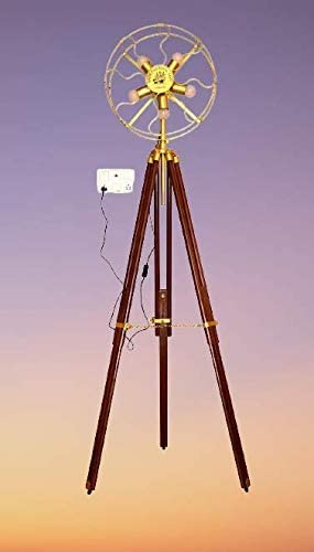 Inaya Handicraft 5 Holder Fan Light with Brown Tripod Stand - Vintage Style Fan Light Brass Floor Lamp with Wooden Adjustable Tripod Stand Modern Studio Fanlight Home Decor Light (Brass 72 Inch