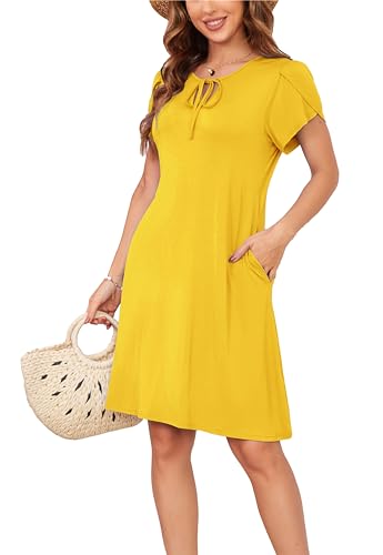 Sommerkleid Damen Knielang A-Linie Kleider T Shirt Kleid Elegant Strandkleid Swingkleid Loose Jersey Dresses Gelb L