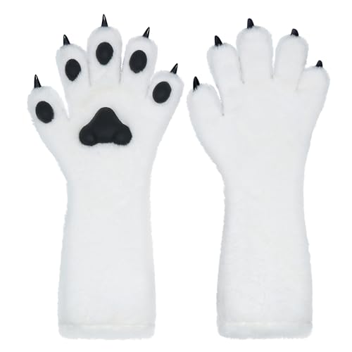 ZFKJERS Adult Cosplay Furry Cat Claw Long Gloves Five-Finger Paws Mittens Costume Accessories for Halloween (White Black Medium)