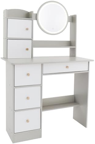 Grey Makeup Vanity Desk with LED Mirror, Princess Dressing Table for Girls, 31.5"x16"x51" with Storage Drawers & Shelves, for Kids & Teens