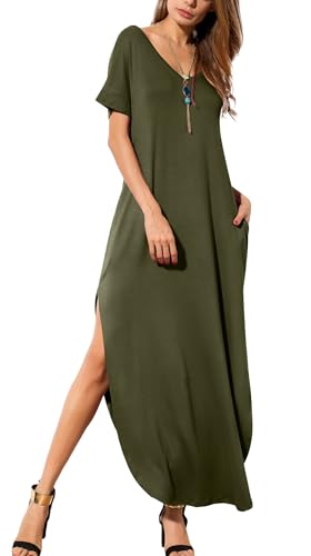 Image of GRECERELLE Women's Summer Maxi Dress Casual Loose V Neck Short Sleeve Side Split Long Dresses with Functional Pockets