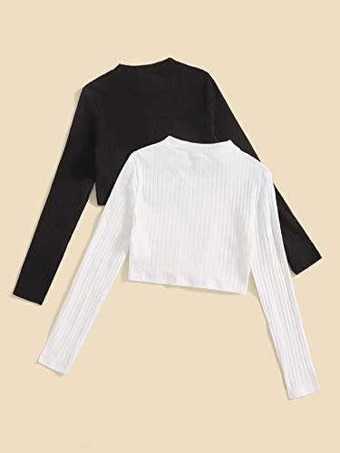 Milumia Girl's 2 Piece Casual Rib Knit Mock Neck Tee Long Sleeve T Shirts Crop Tops2