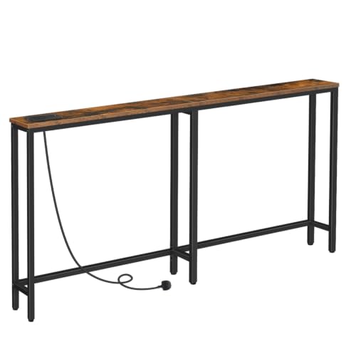 HOOBRO Narrow Console Table with Charging Station 160 cm Behind Sofa Couch Table Long Hallway Table Slim Console Table for Hallway Entryway Living Room Rustic Brown and Black EBF165KXG01