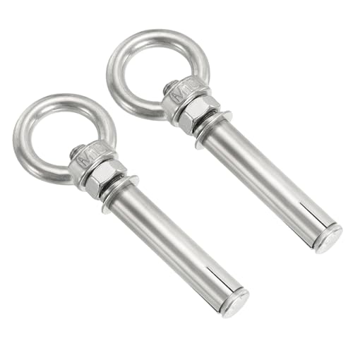 Image of PATIKIL Expansion Eye Bolt M10x90mm, 2 Pack 304 Stainless Steel Shoulder Anchors Eyebolt Screw with Eye Ring for Concrete Brick Walls Canopy Engineering Rigging Silver