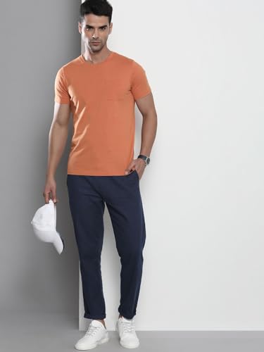 Image of The Indian Garage Co Men Slim Fit Solid Mid-Rise Elasticated Linen Trousers