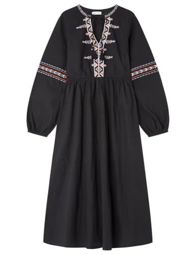 Springfield Vestido Midi Bordado con Cordones Y Corte Y Cosido En La Parte Delantera, Negro Estandar, 38 para Mujer