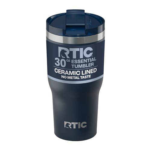 RTIC 30oz Essential Tumbler with Lid, Ceramic Lined, Insulated, Stainless Steel, Metal, Double Wall Vacuum-Insulation, Travel Cup for Iced Coffee, Tea, Hot and Cold Drink, Navy