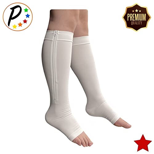 Image of Presadee Premium 20-30 mmHg Firm Compression Leg Calf YKK Zipper White Socks (Open Toe, 3)