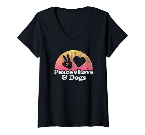 Womens Peace Love and Dogs Dog V-Neck T-Shirt, Black